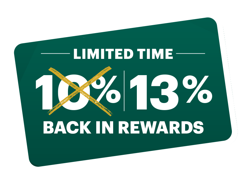 Limited Time. 13% back in rewards.