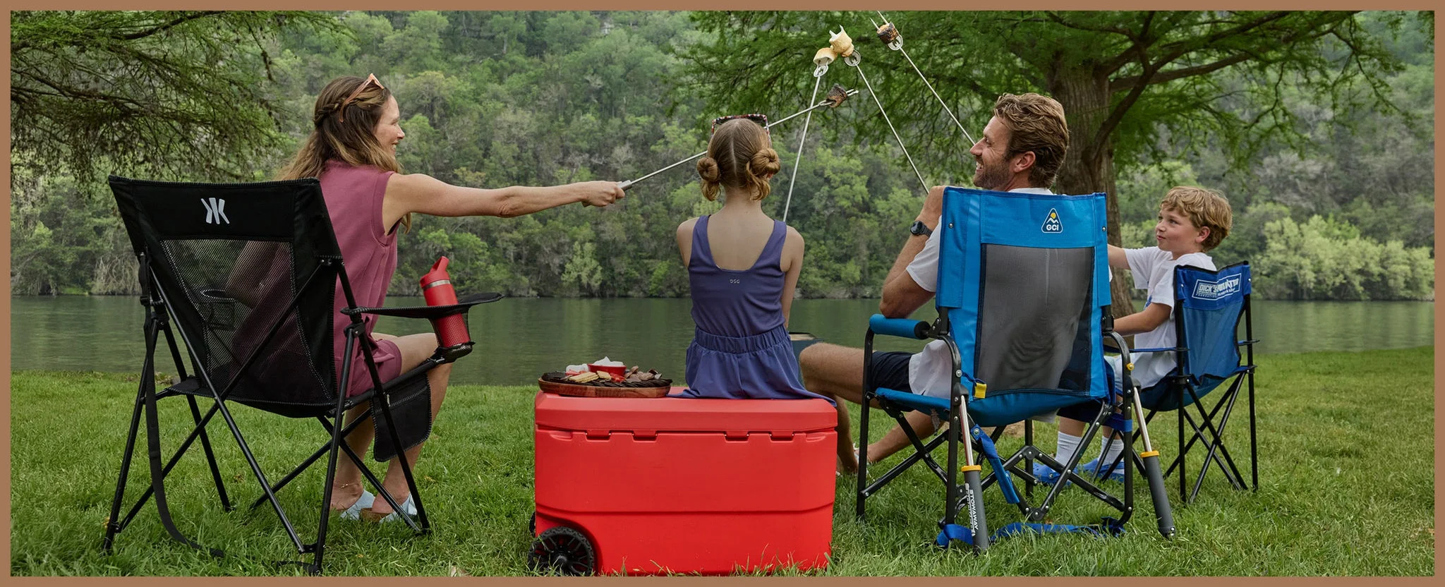 Family camping and making smores.