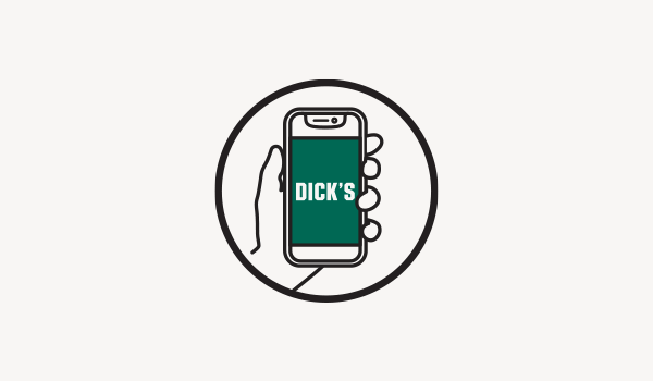 Illustration of a hand holding a phone with the Dick's application open.