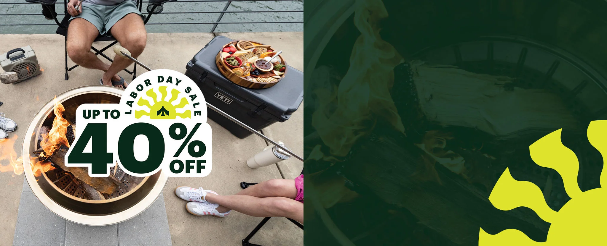 Up to 40% Off. Labor Day Sale. People huddled around a fire.