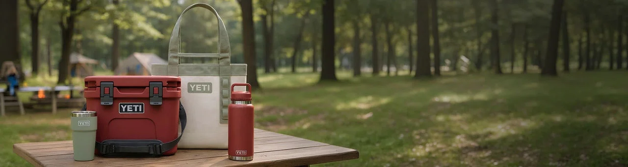 YETI gear on a picnic bench.