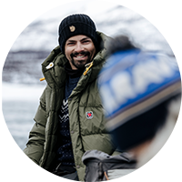 Man with green parka.