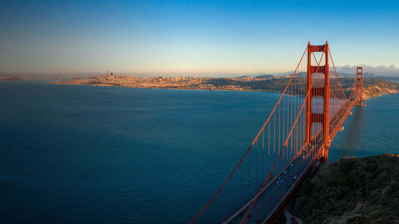 Aerial sunset view of the Golden Gate Bridge from Battery Spencer, Golden Gate National Recreation Area, in San Francisco, California.
