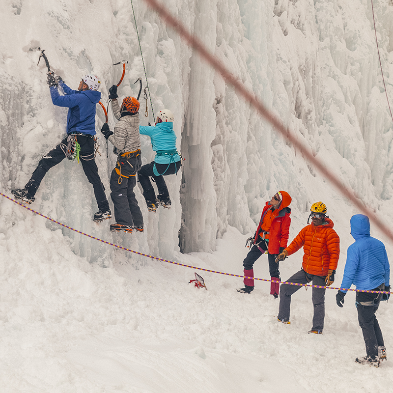 Students practice their technique at an ice climbing clinic during the Ouray Ice Festival at the Ice Park in Ouray, Colorado.