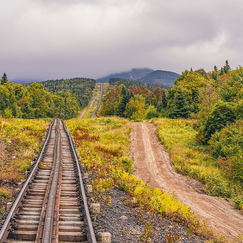 A trail and railway in New Hampshire leading to the summit of Mount Washington.