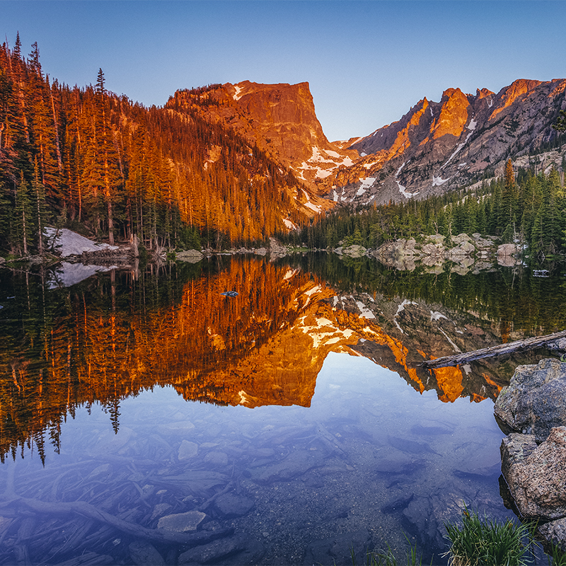 Dream Lake, in Rocky Mountain National Park, on a warm summer morning.
