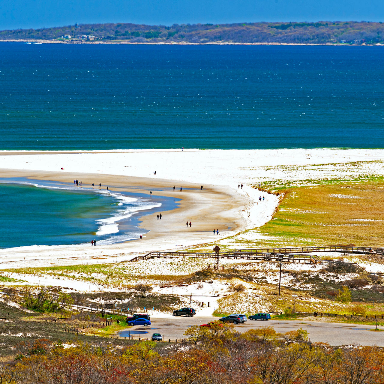 Overview of the Crane Beach, a four-mile expanse of pristine, white-sand beaches and trails across dunes in the Crane estate, located in Ipswich, Massachusetts.