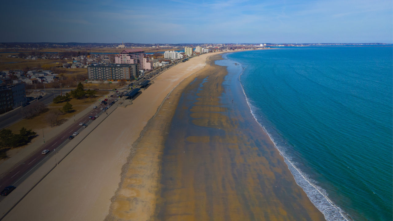 Revere Beach aerial view and historic coastal area in spring in city of Revere near Boston, Massachusetts MA, USA. 
