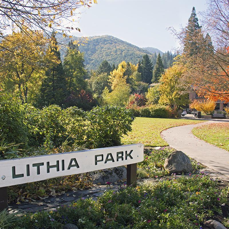 Sign and entrance to Lithia Park, Ashland, Oregon