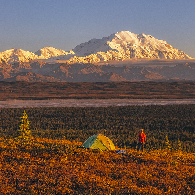 A backpacker looking out over Denali and the the Alaska Range in Alaska's Denali National Park.