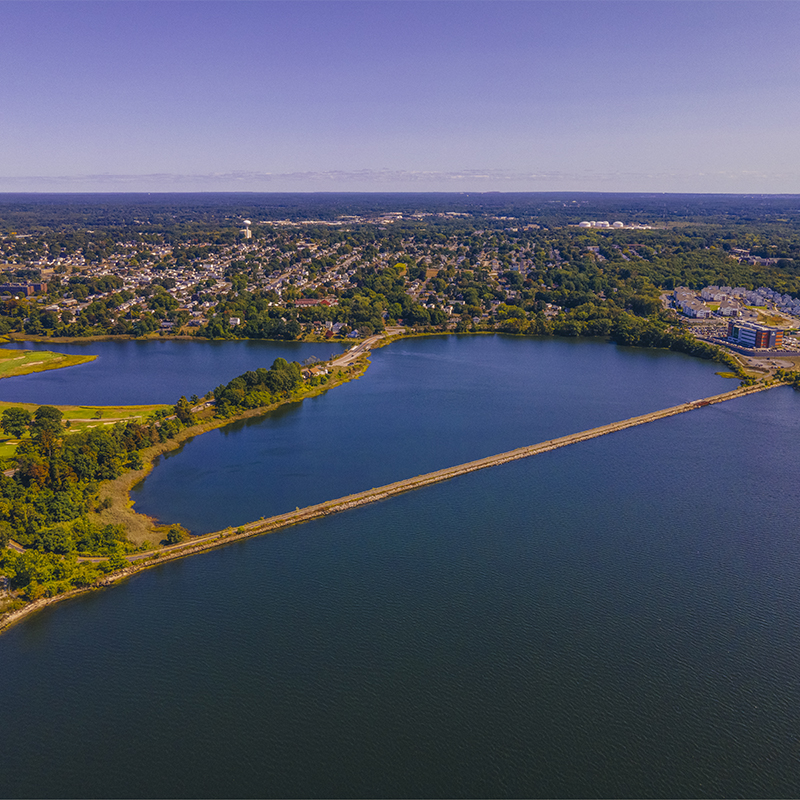 Watchemoket Cove and Bay Bike Path at Providence River aerial view near Narragansett Bay in East Providence, Rhode Island RI, USA. 