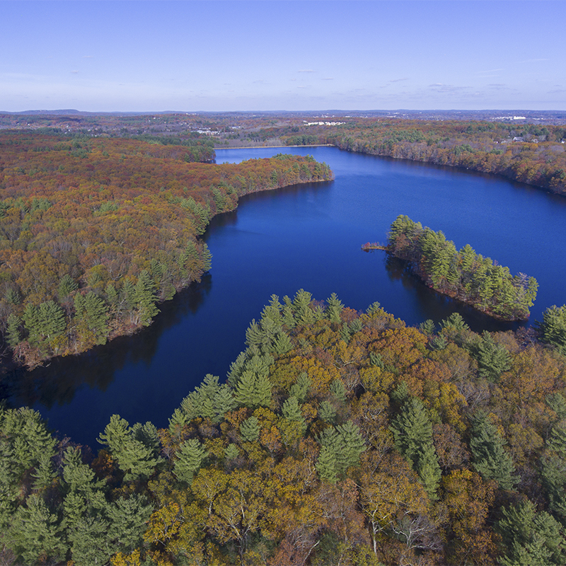 Ashland Reservoir aerial view with fall foliage in Ashland State Park in town of Ashland, Massachusetts MA, USA.