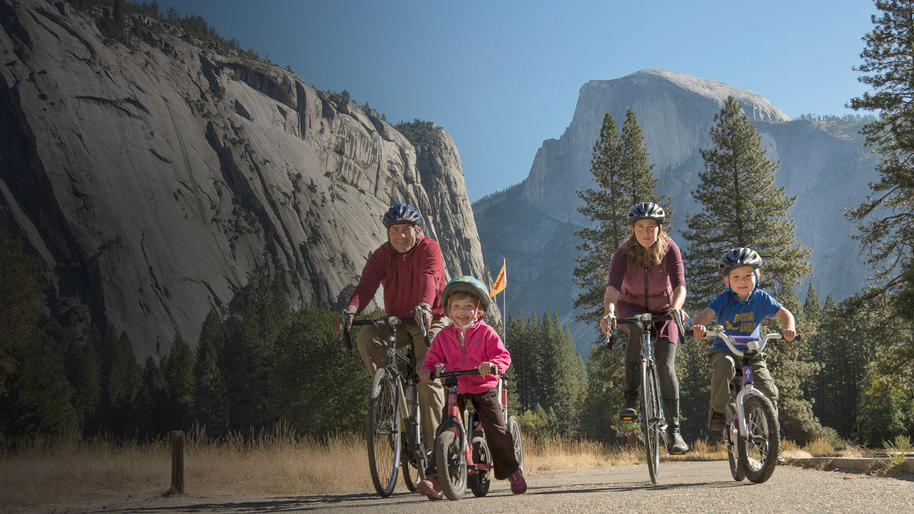 A family of bikers in Yosemite National Park