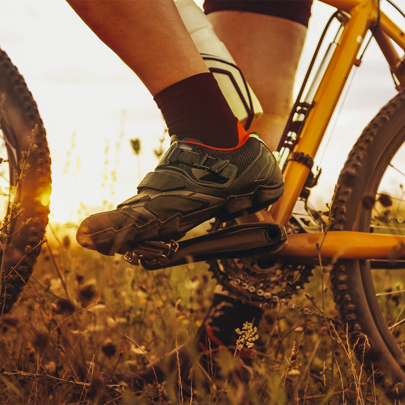 A close up image of a cycling shoe
