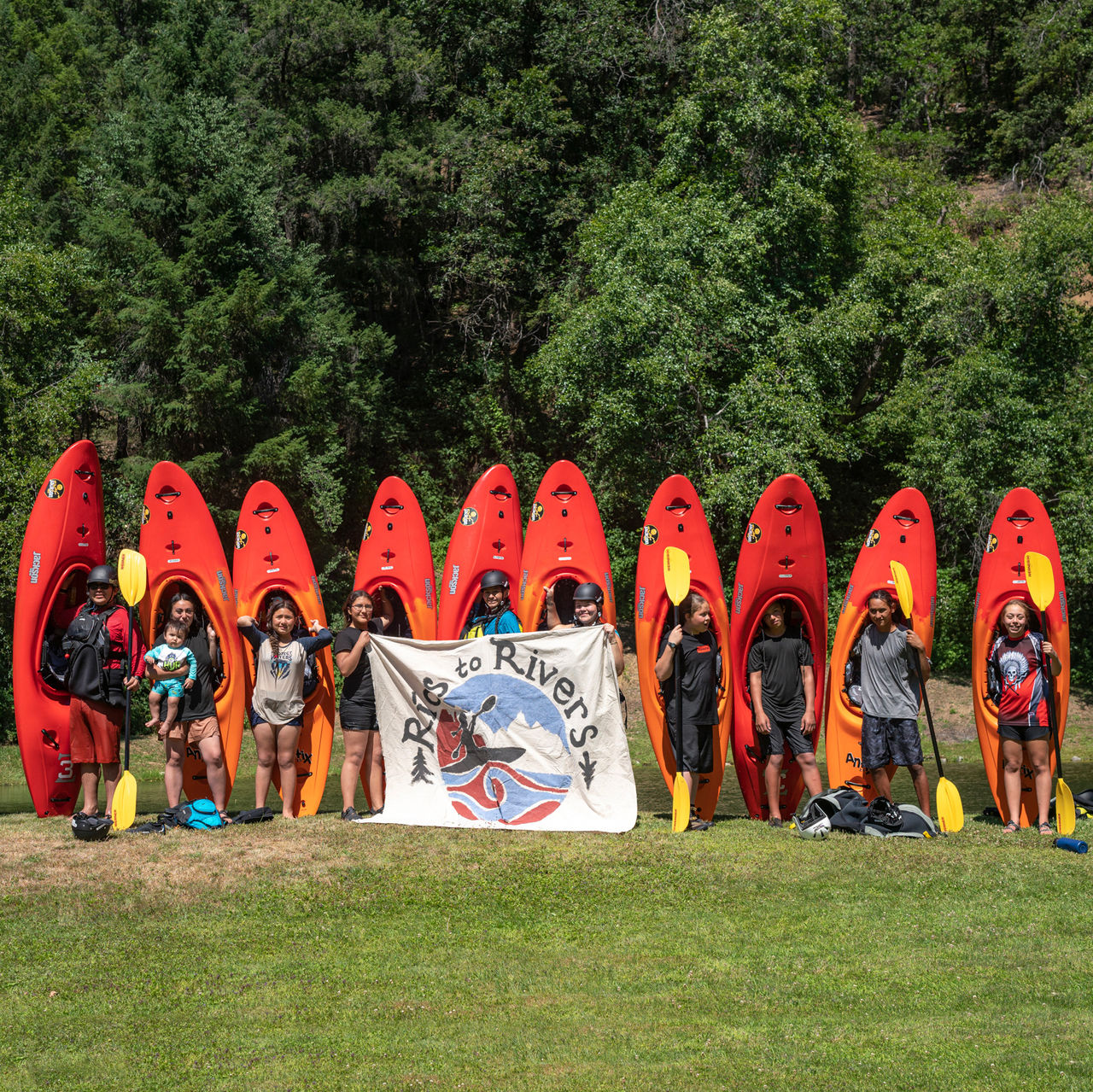 Youth representing the tribal nations from throughout the Klamath River Basin partake in the first Paddle Tribal Waters program with Rios to Rivers at Otter Bar Lodge on the California Salmon River. Karuk Territory 2022