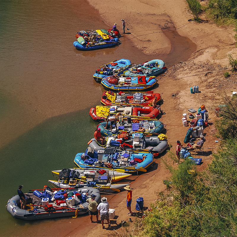 Rafts are seen at Boat Beach at Phantom Ranch as seen from the Kaibab Trail, just west of the Black Bridge.