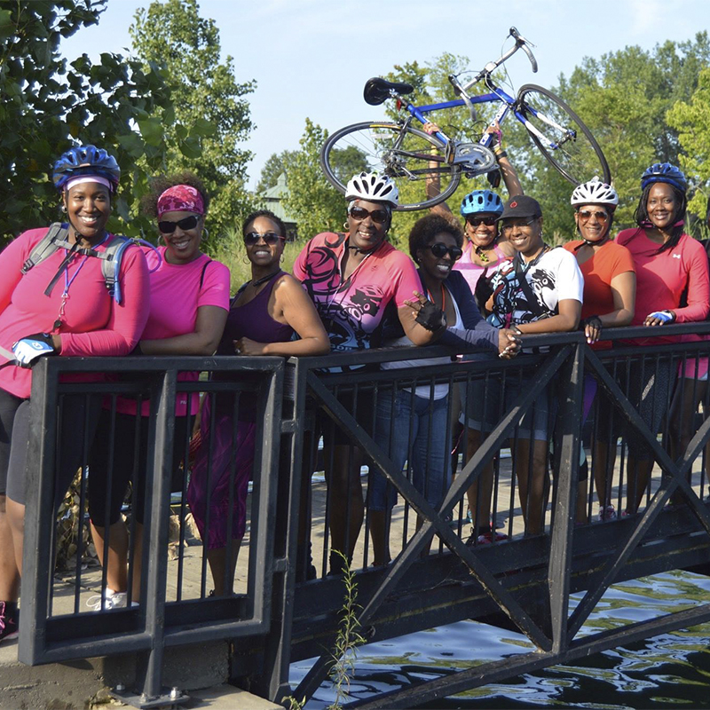 Detroit bikers posing for a picture during a ride in the summer 