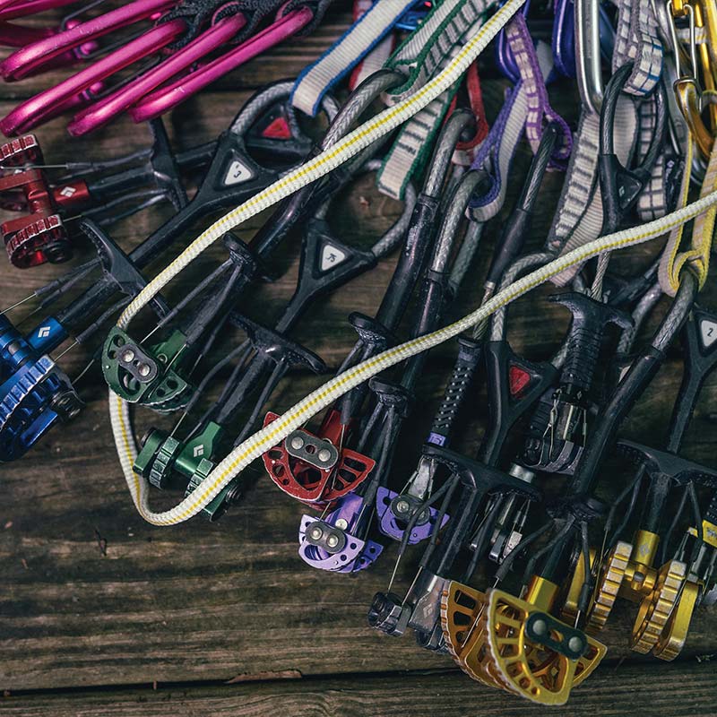 Climbing equipment on a wood table
