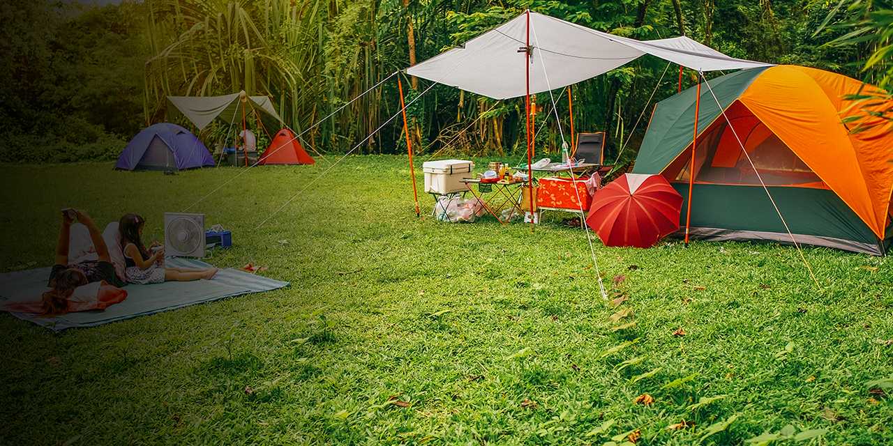 nature landscape camping tent with tarp and child family under tree on green grass meadow in jungle garden or forest for vacation picnic on holiday relax travel and summer or rainy with sunlight