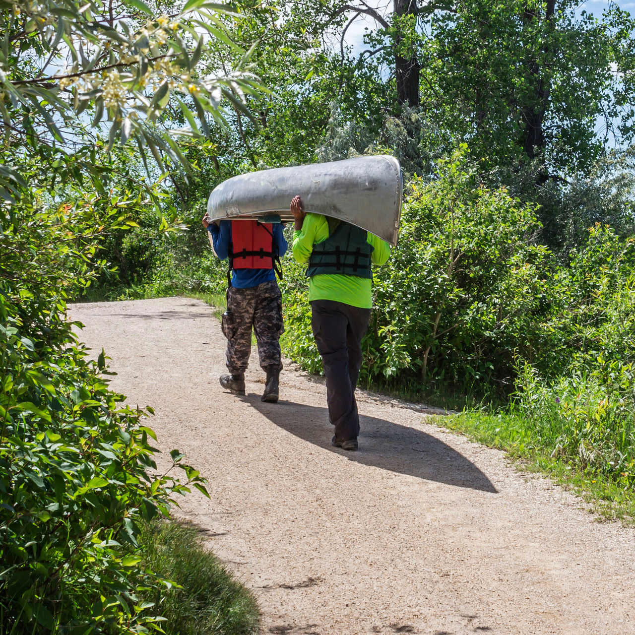 Two young men carrying a canoe above their heads down a hiking path to the lake surrounded by lush green trees in the summer time.