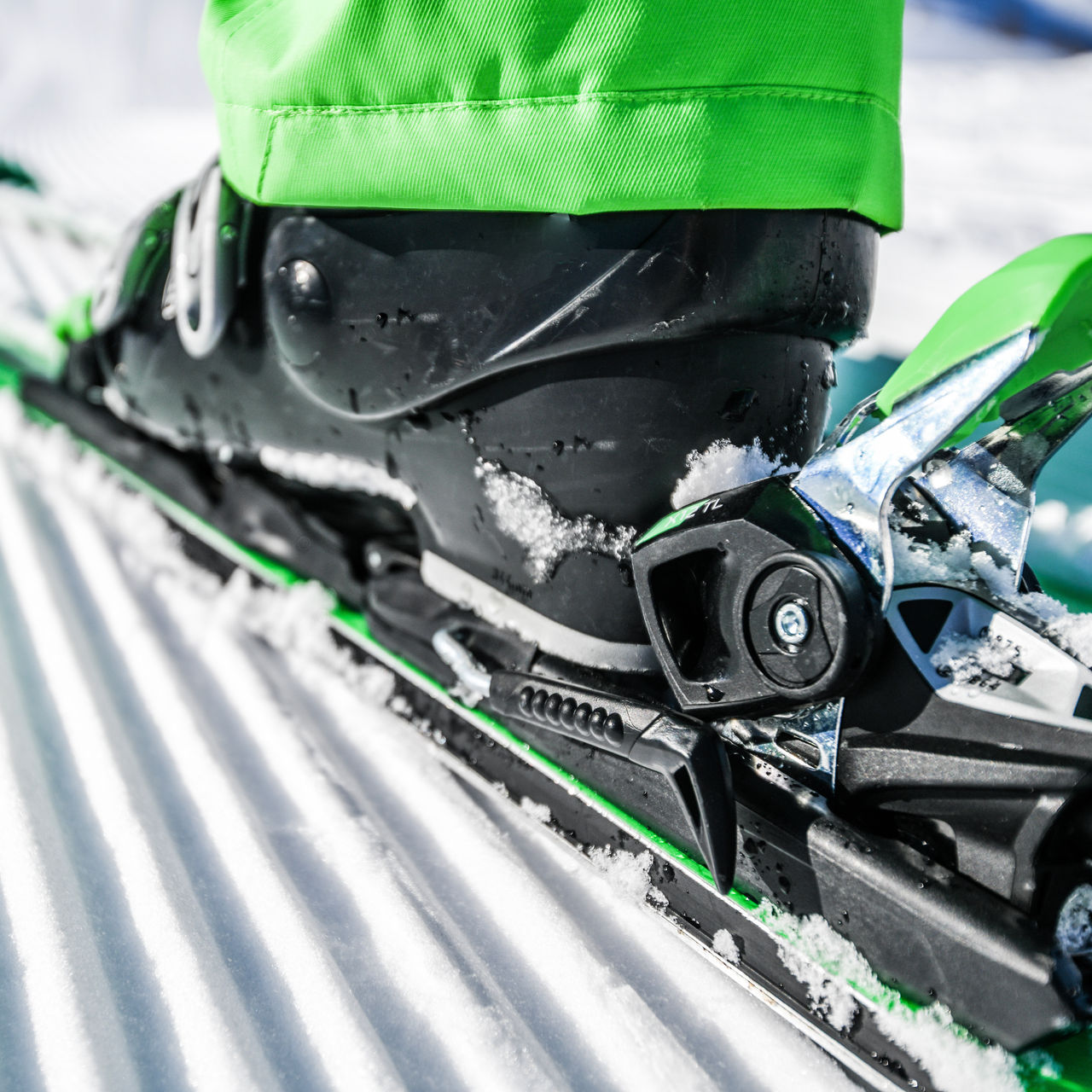 Winter skis and detailed view of the ski bindings