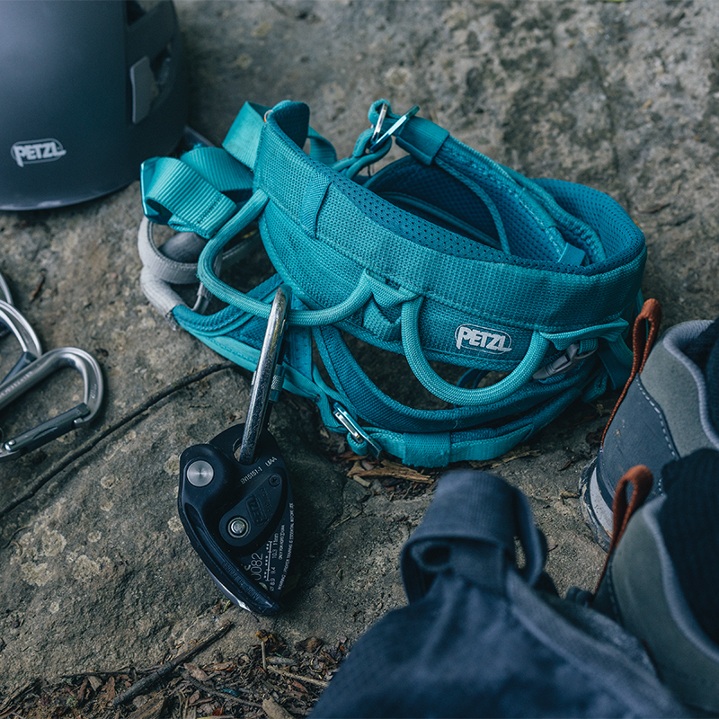 Climbing gear on a rock