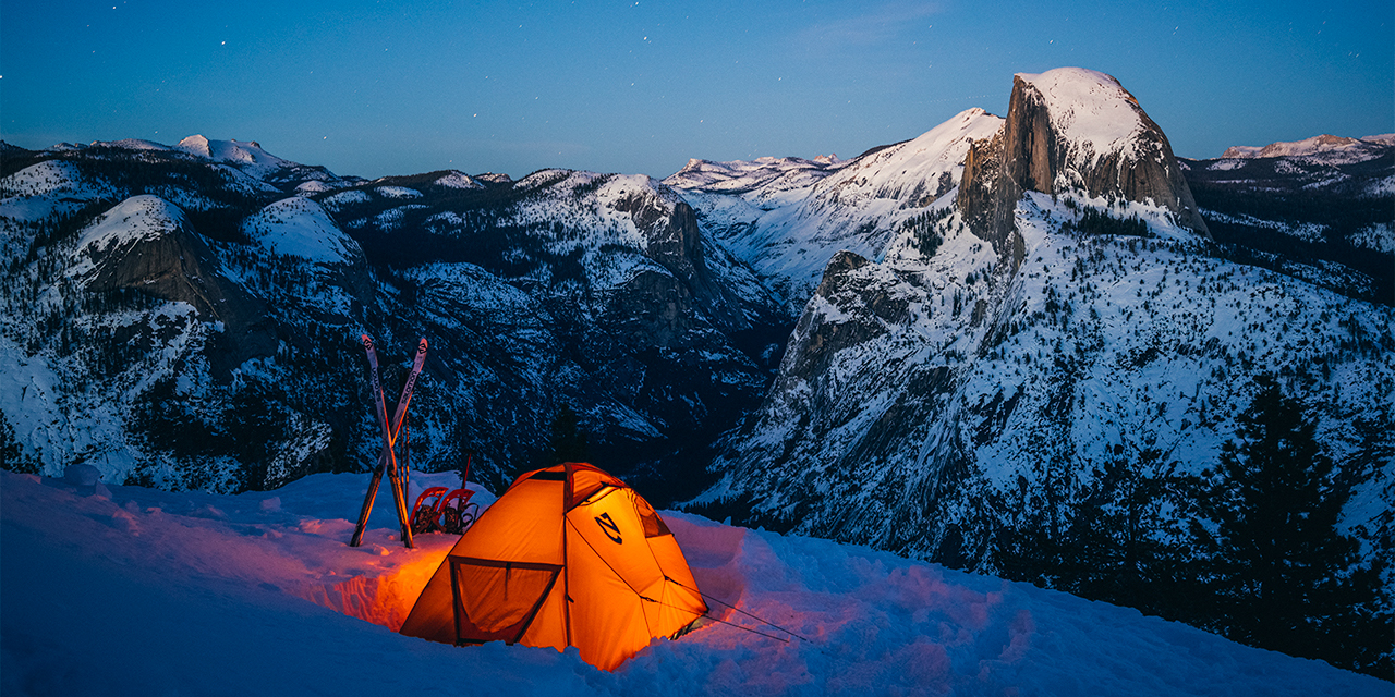 Winter camping at Glacier Point in Yosemite National Park.