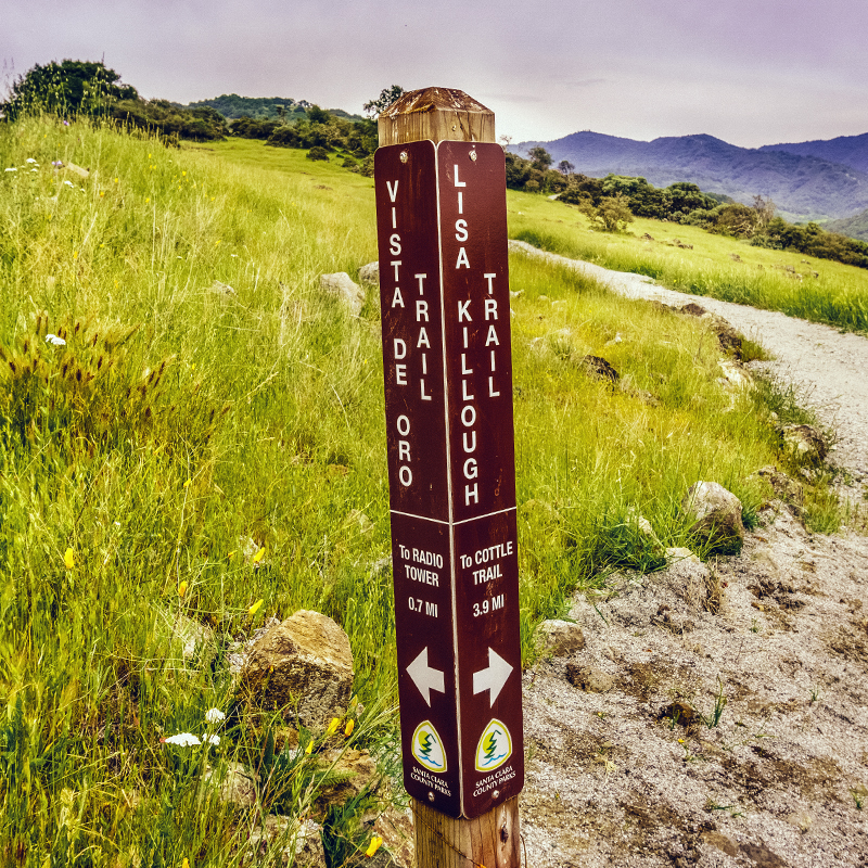Sign posted at a trail junction, Calero County Park, south San Francisco bay area, California