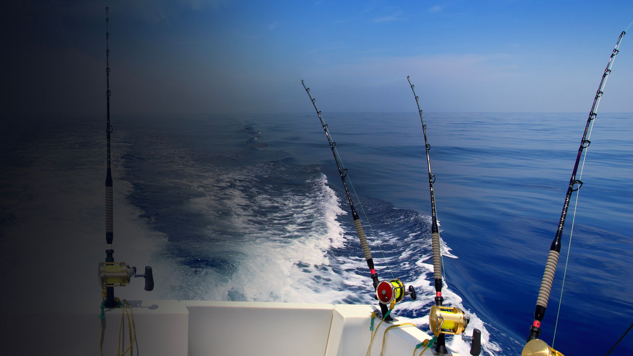 boat fishing trolling panoramic rod and reels blue sea wake