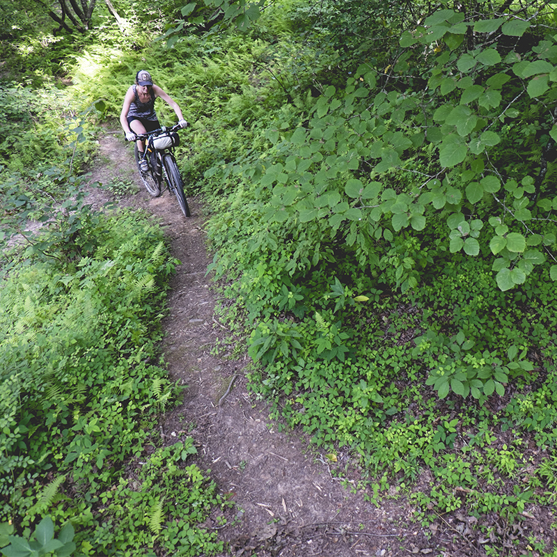 A woman biking the bull and jake trail in N Georgia