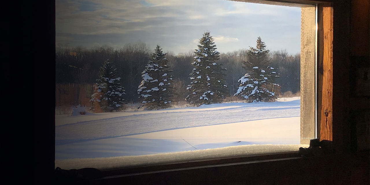 A window looking out at cross country trails from The Wilderness Lodge