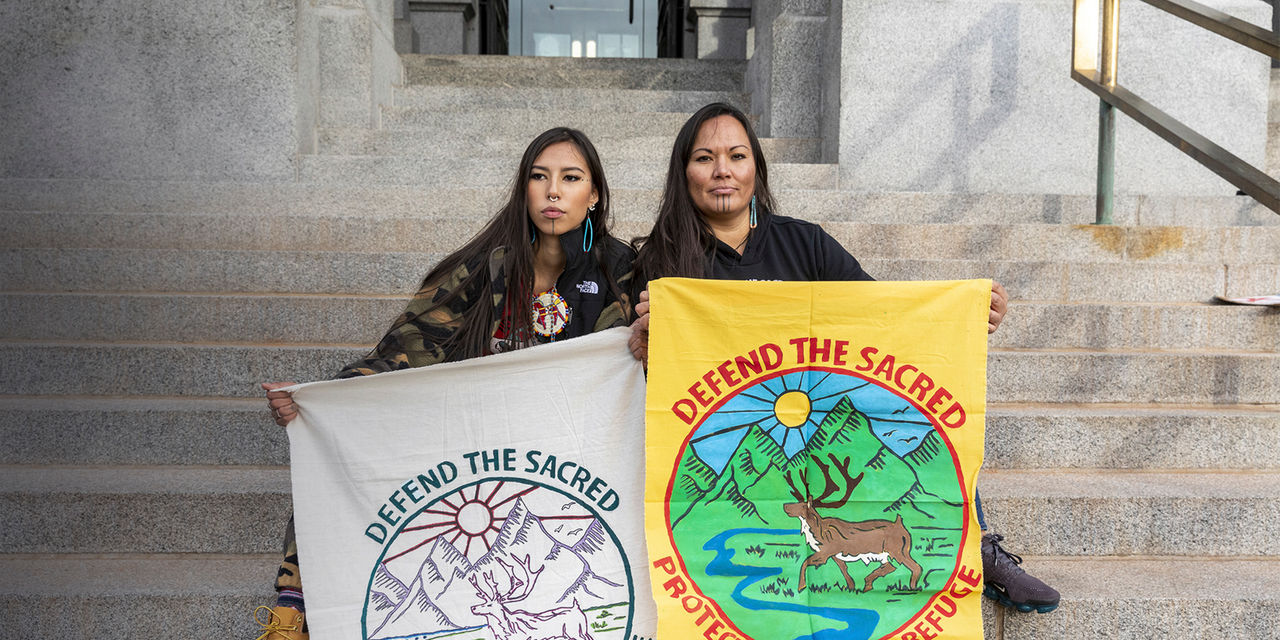 Jody Potts and Quannah Chasinghorse Potts at the Outdoor Retailer climate protest in Denver, CO. 