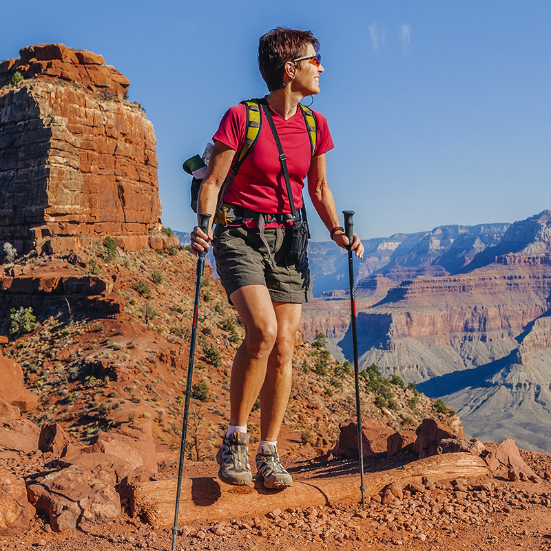 A woman hikes on the Bright Angel Trail in Grand Canyon National Park.
