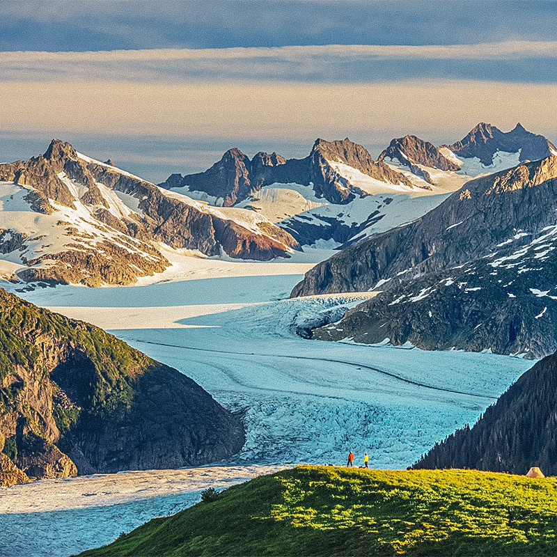 Hikers/Backpackers (John Staub and Jan Beauchamp) camp on Thunder Mountain overlooking the Mendenhall Glacier, Juneau, Alaska.