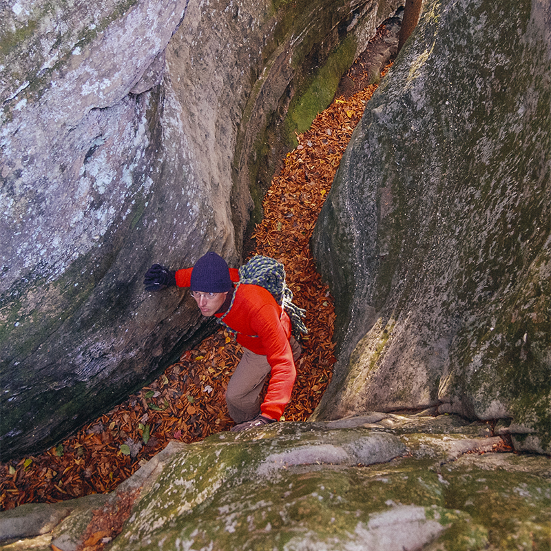 A man on the approach to Rectangle Rock in the Hocking State Forest Rock Climbing and Rappelling area.