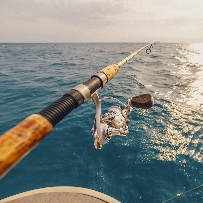 A closeup on an ocean fishing rod off a boat