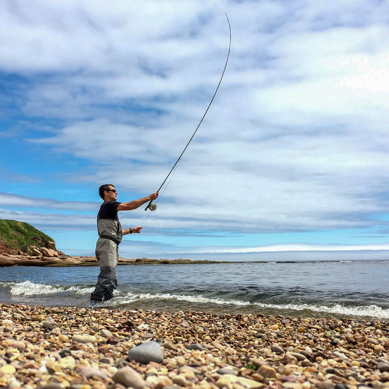Saltwater fly fishing for Striped bass on Quebec's Gaspe Peninsula, Canada