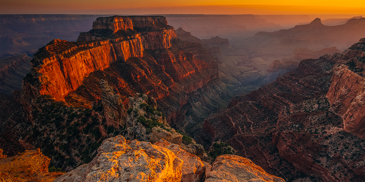 Grand Canyon National Park, Arizona: The North Rim as viewed from Cape Royal overlook at sunset.