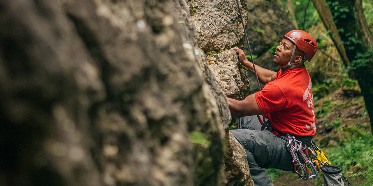 A climber climbs at the Mad River Gorge