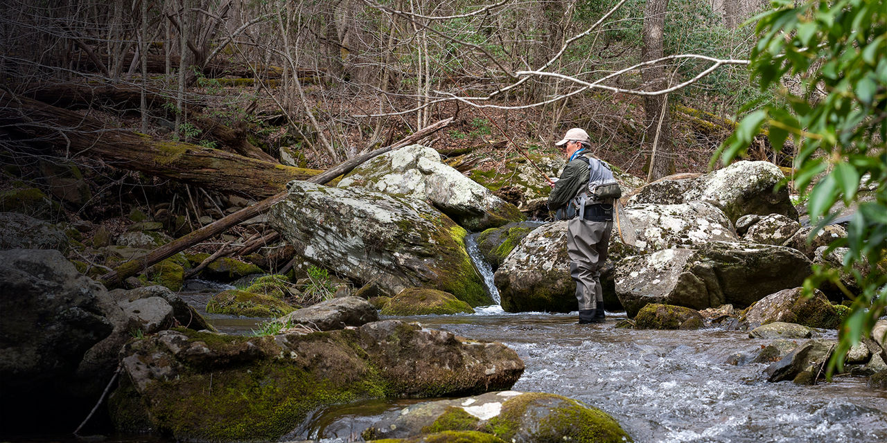 A veteran fly fishing at Rapidan Camp