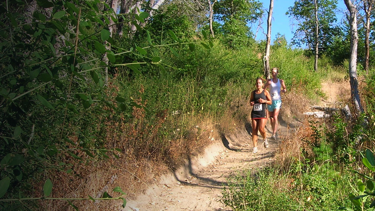Two people run a race at Jackson Forest Park Trail 