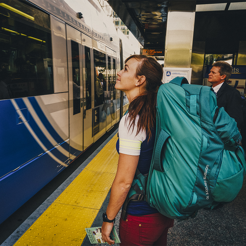 A woman catches the train at a station in Salt Lake City, Utah.