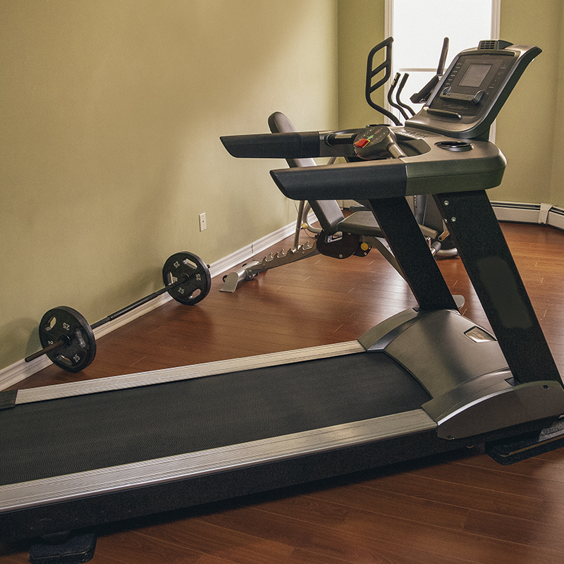 A treadmill sits in a home gym